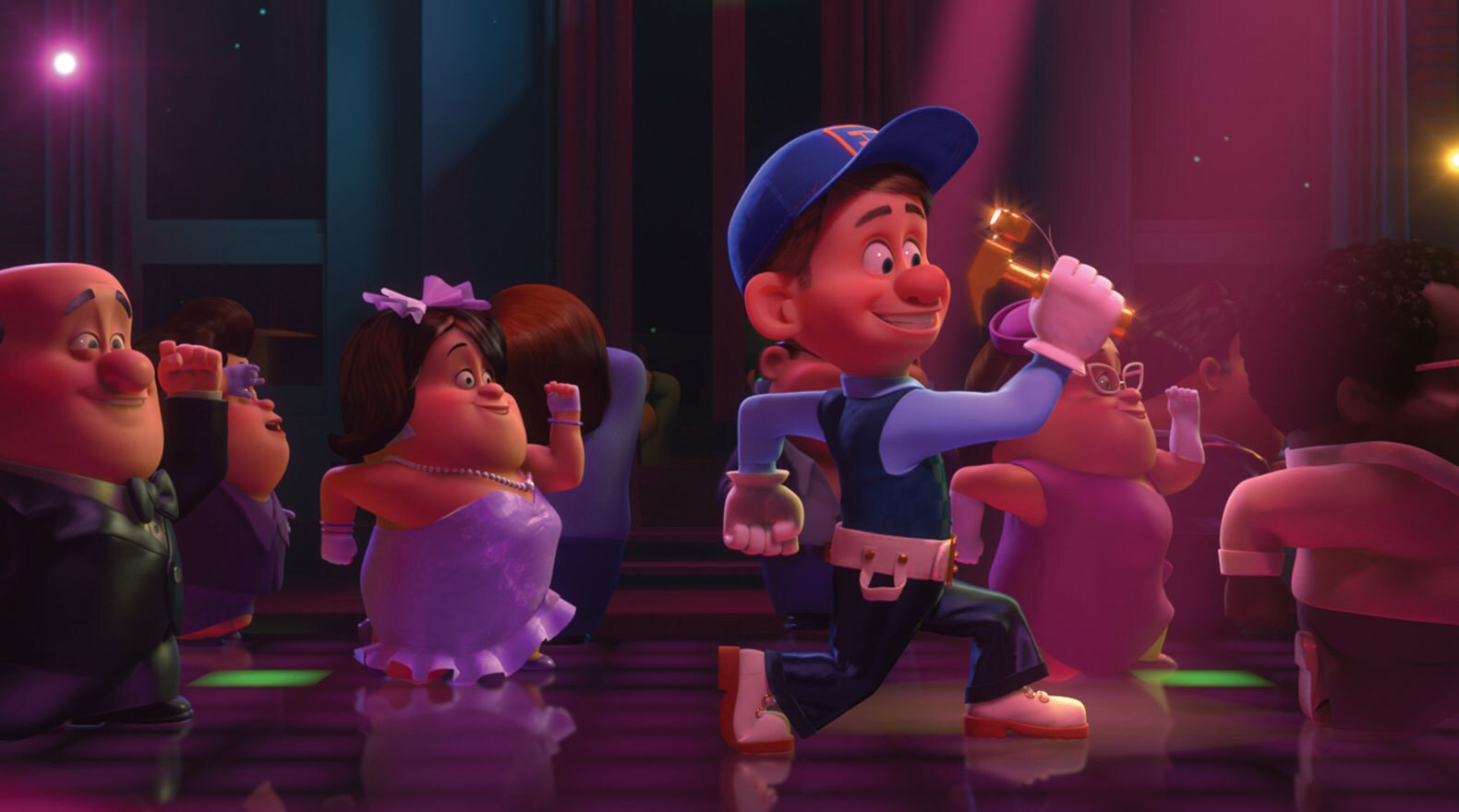 Fix-it Felix played by Jack McBrayer on the dance floor with some others in "Wreck-It Ralph"