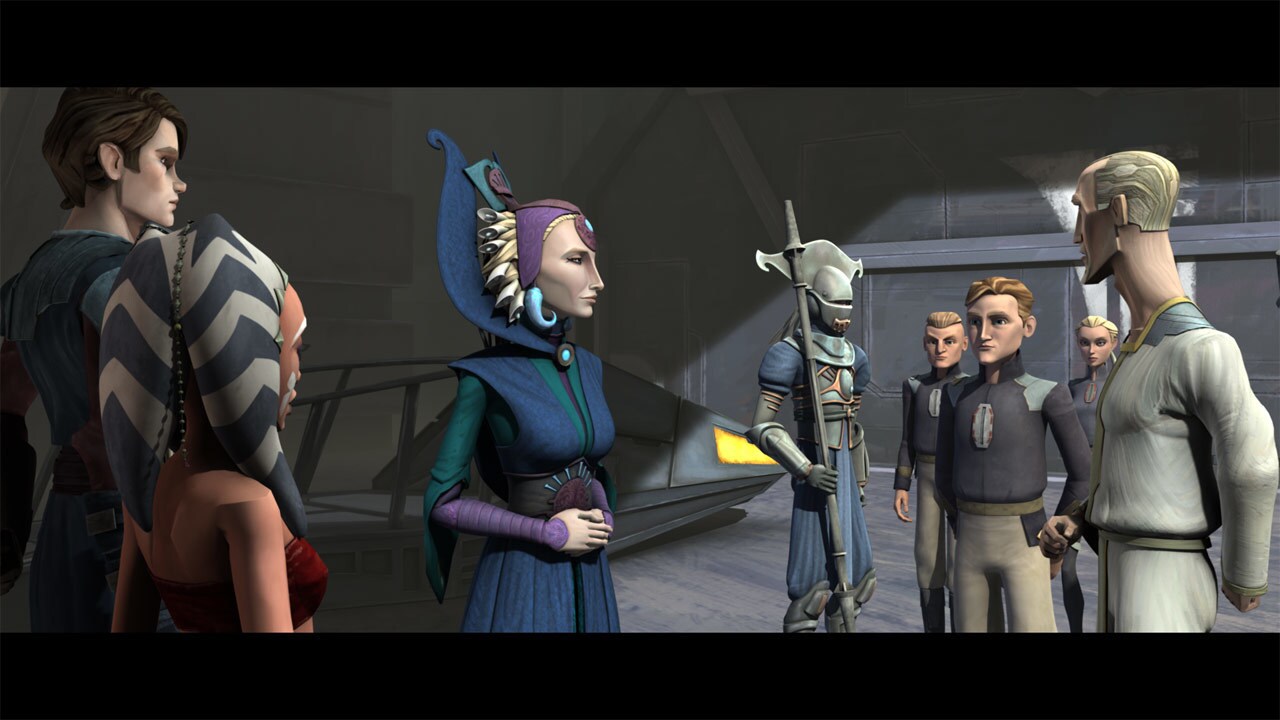 Anakin and Ahsoka are met at the landing platform by Duchess Satine and Prime Minister Almec, as ...