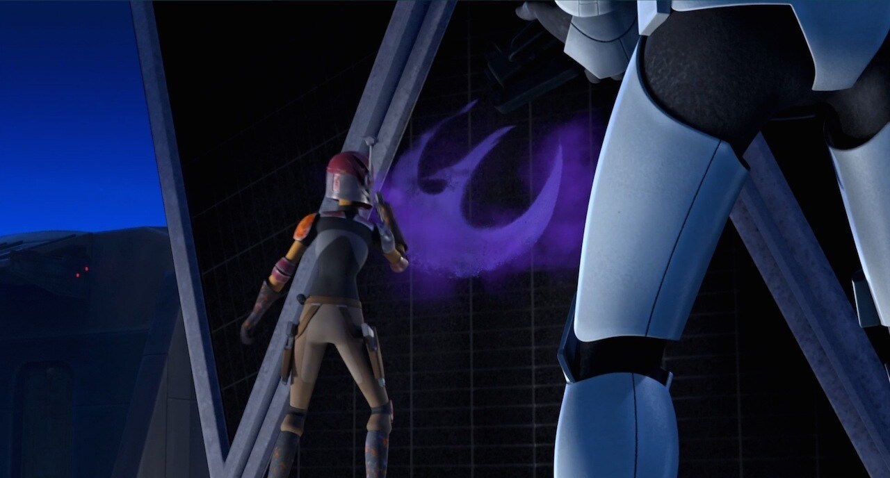 Sabine Wren spraying a Starbird onto a TIE Fighter Sabine Wren spraying a Starbird onto a TIE Fighter