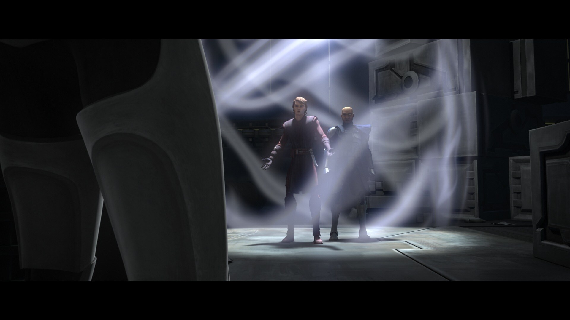 A police gunship lands at the portal warehouse and Anakin and Rex emerge, following the lead Kix ...