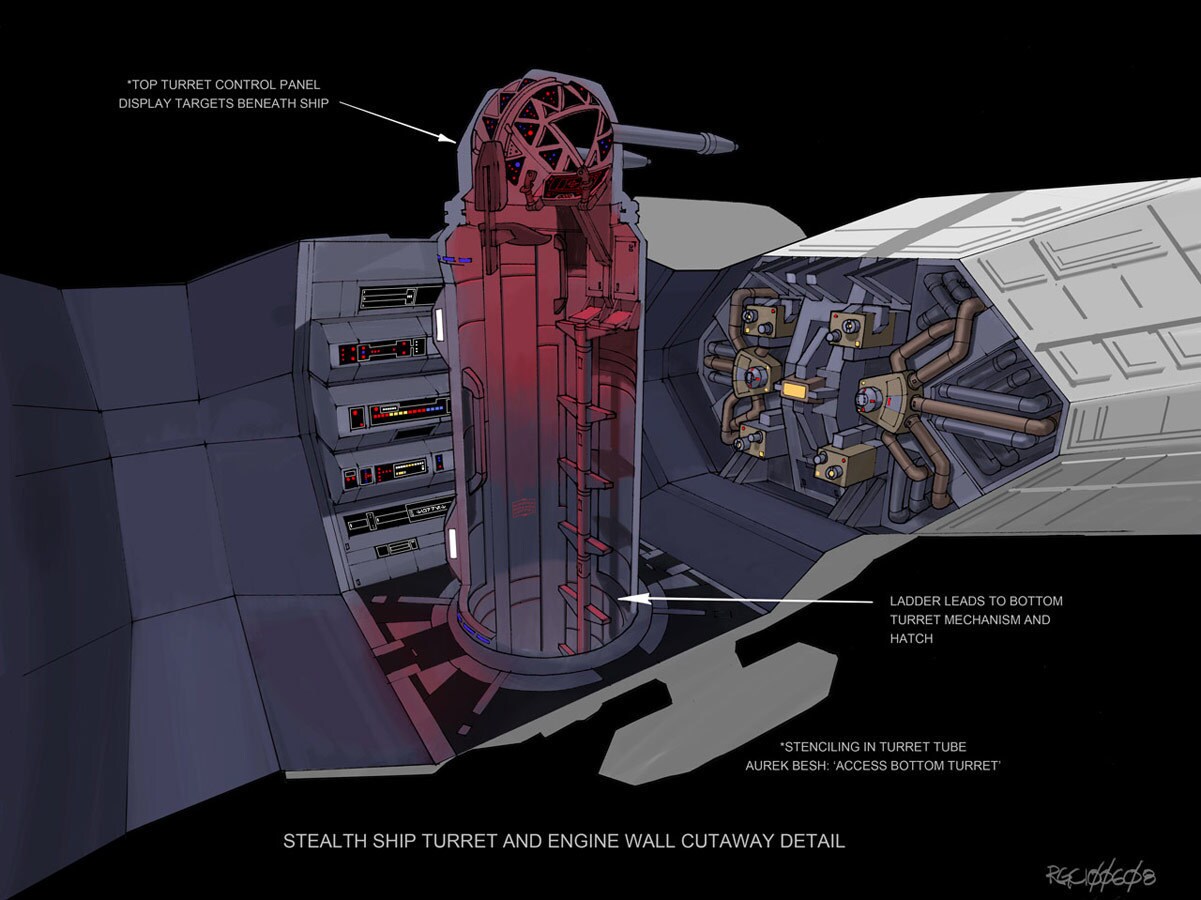 Concept art of the stealth ship turret and engine wall cutaway