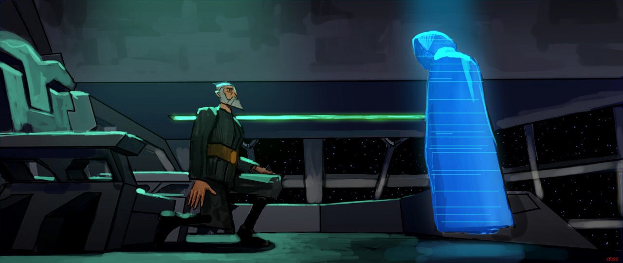 Concept art of Count Dooku and a hologram of Darth Sidious