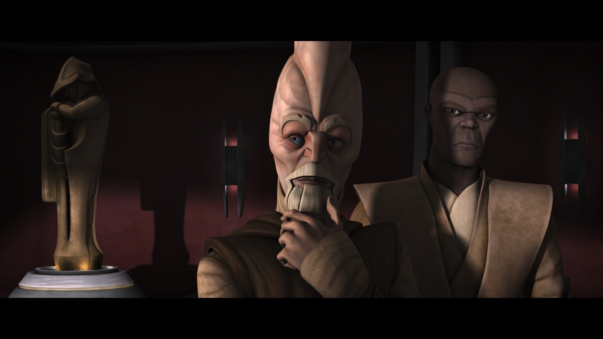 Inside Palpatine's office standing amidst Senators and Jedi, Rush stands accused by Bail Organa o...