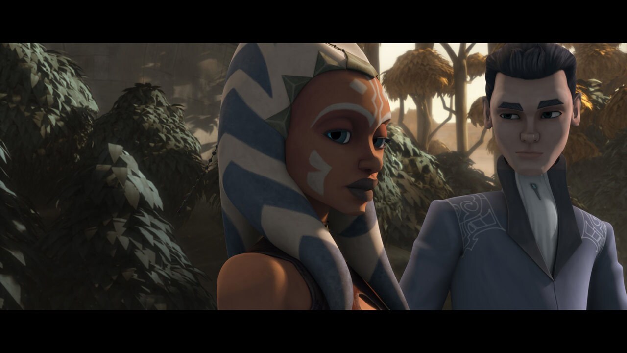 Ahsoka passes Lux on the steps of the palace. Spying her lightsaber, he asks if she's a Jedi. Bef...