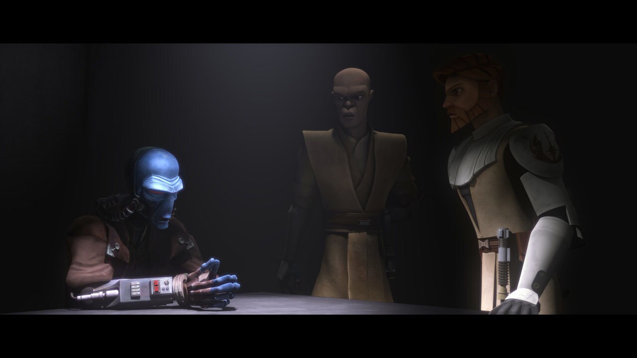 Bane is interrogated by Kenobi and Windu aboard the Resolute. Bane refuses to divulge the locatio...