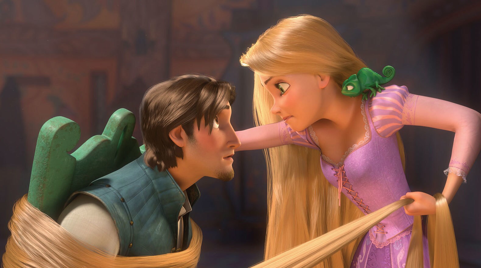 Rapunzel used her hair to pull Flynn Rider closer in the movie Tangled