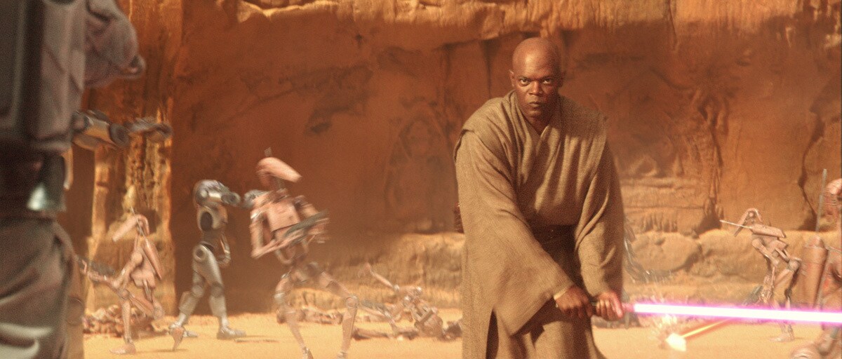 Mace Windu fighting Jango Fett during the Battle of Geonosis