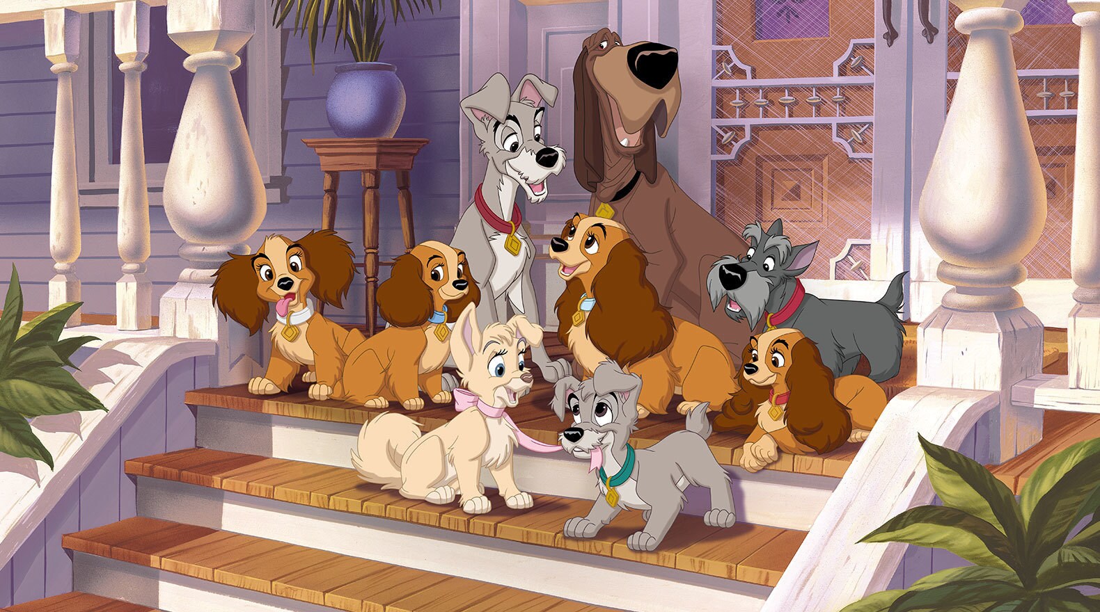 Lady, Tramp, Angel, Scamp, Annette, Danielle, and Collette with Trusty and Jock (dogs)