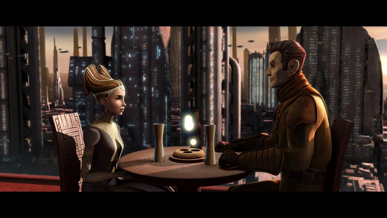 At the dining commons within the Senate building, Padmé and Clovis enjoy a late dinner. Rush is a...