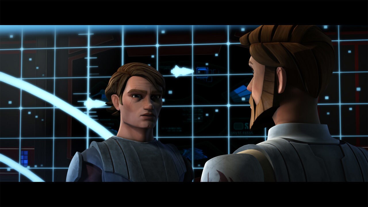 Aboard a Jedi cruiser, Jedi Knights Anakin Skywalker and Obi-Wan Kenobi examine an intercepted me...