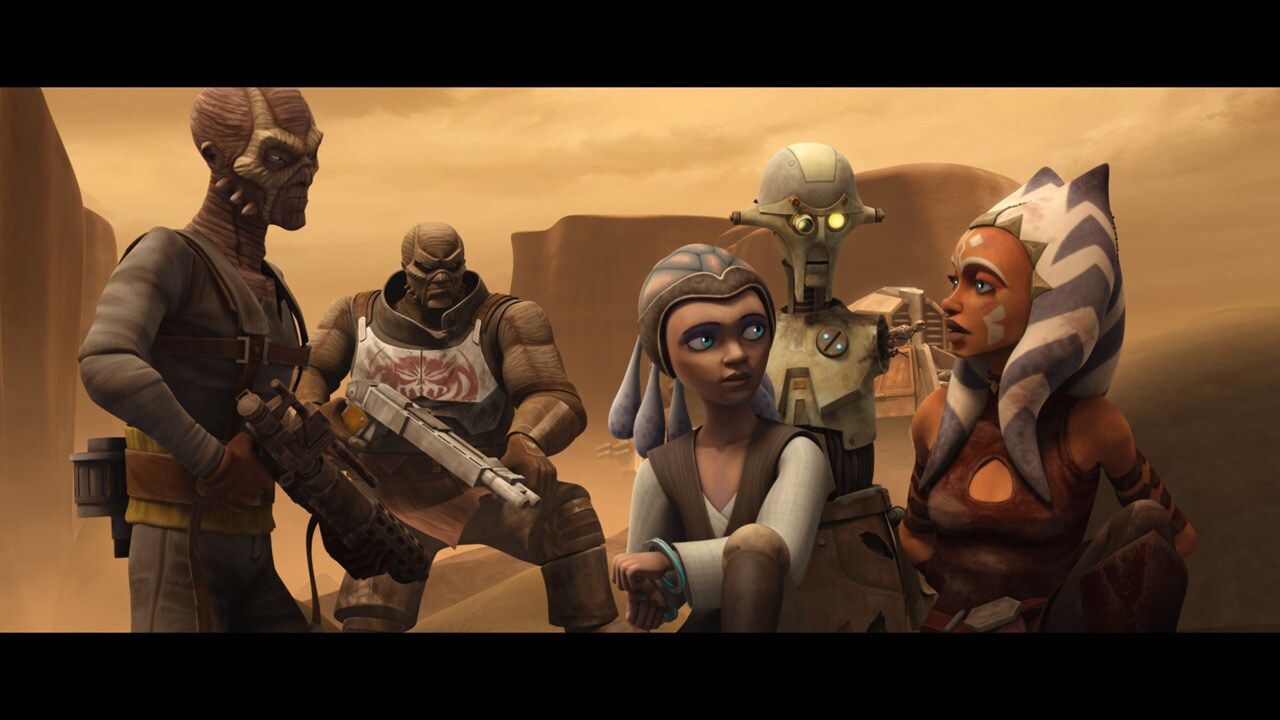 Gwarm watches from a distance as the battle droids dismantle Hondo's ships. Ahsoka points out to ...