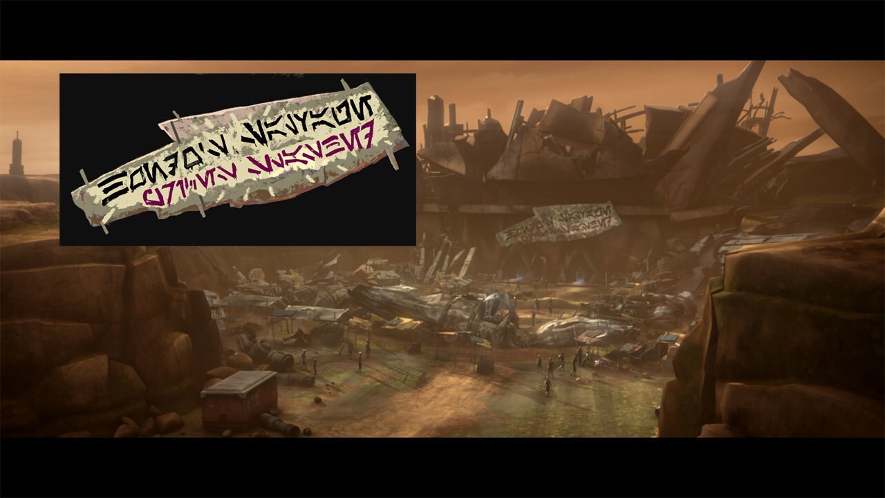 In the background of Hondo's camp is a huge piece of superstructure with the Aurebesh words, "HON...