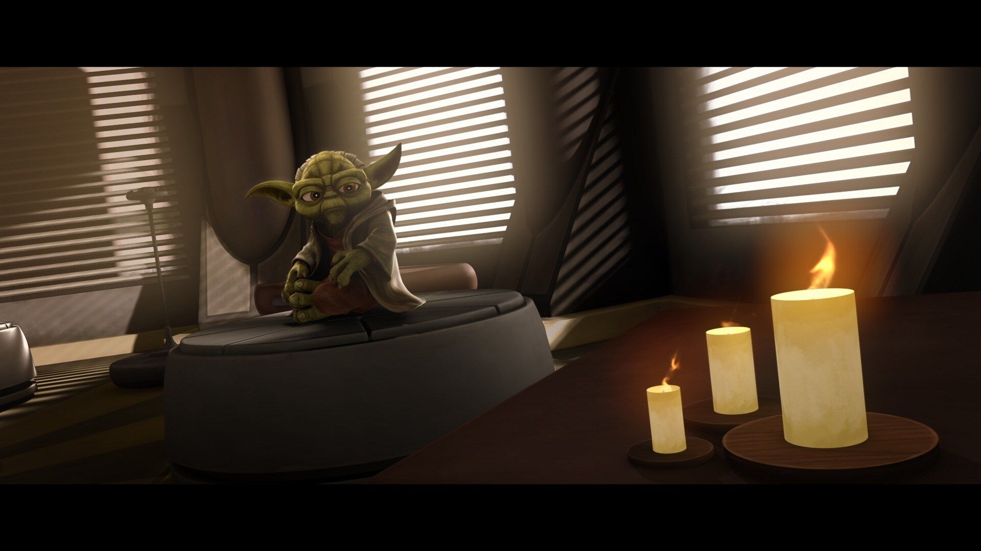 Yoda sits in deep contemplation in the silent serenity of his quarters within the Jedi Temple. Hi...