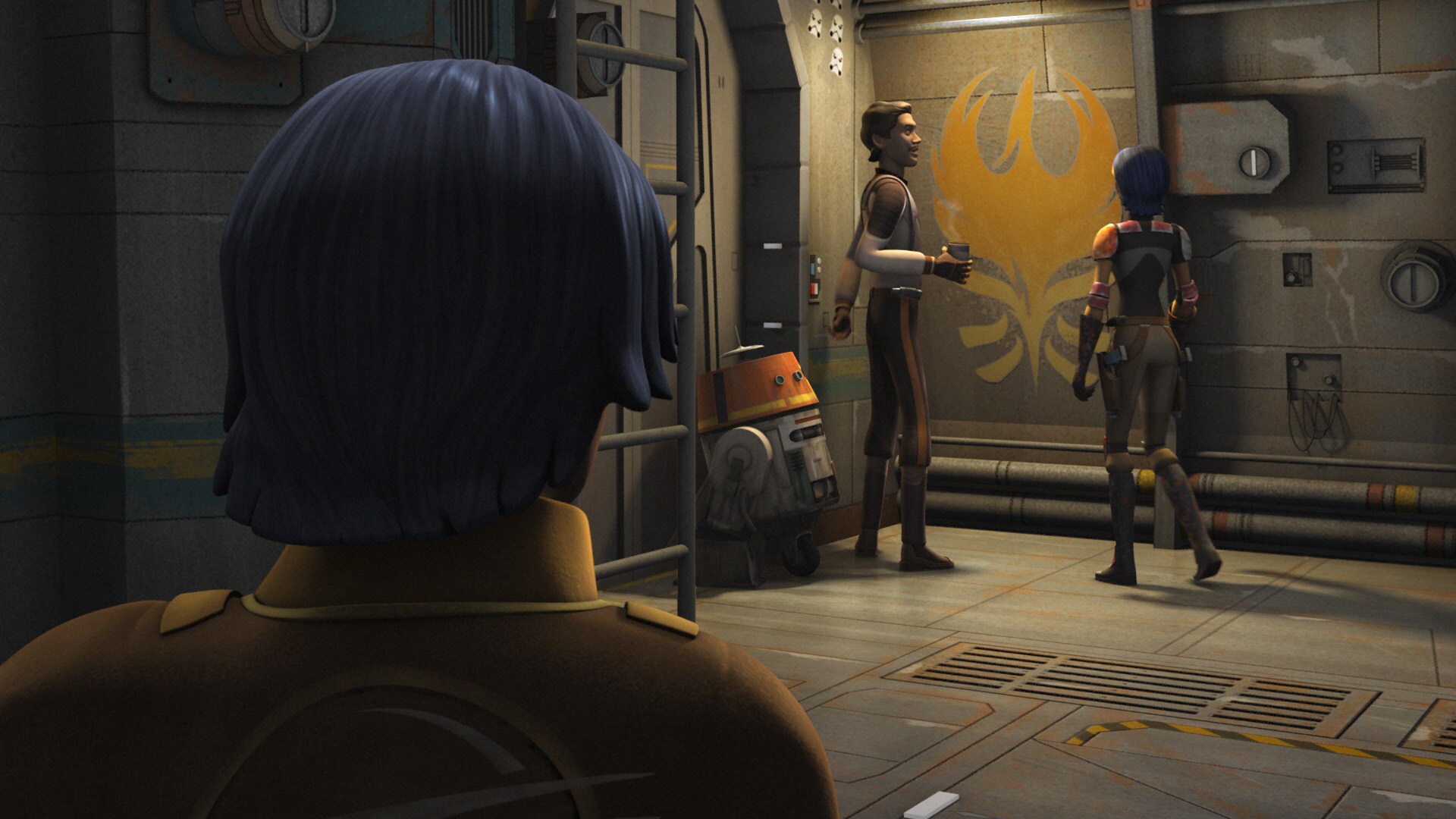The smooth-talking smuggler explores the ship, commending Hera on her takeoff and admiring Sabine...
