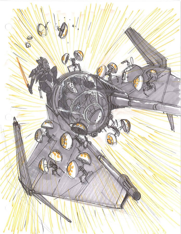 Original illustration of Jedi interceptor sequence from Dave Filoni's sketchbook.