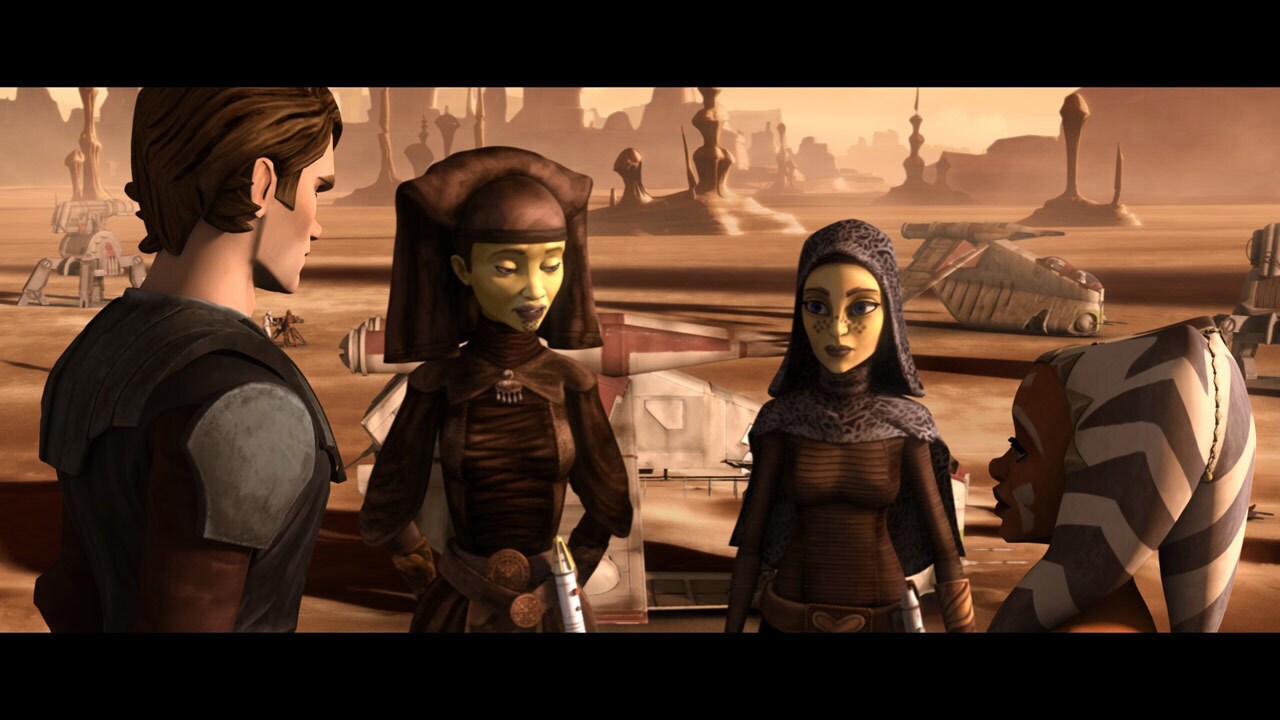 Luminara Unduli and her Padawan, Barriss Offee, arrive by gunship along with their clone forces a...