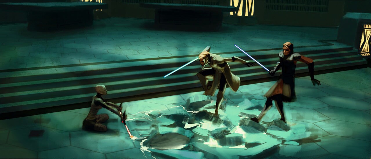 Concept art of Obi-Wan and Anakin battling Asajj Ventress