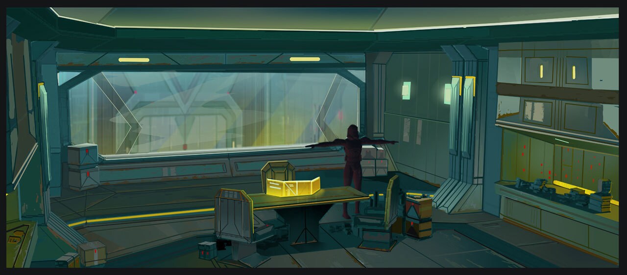 Concept art of warehouse space station office-interior by Tara Rueping.