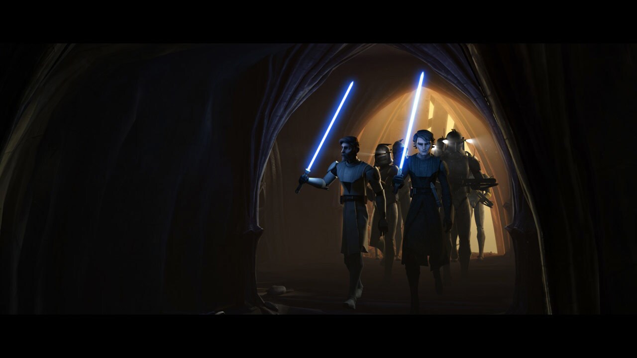 The clones and the Jedi enter into the caverns, their lightsabers and helmet lamps illuminating t...