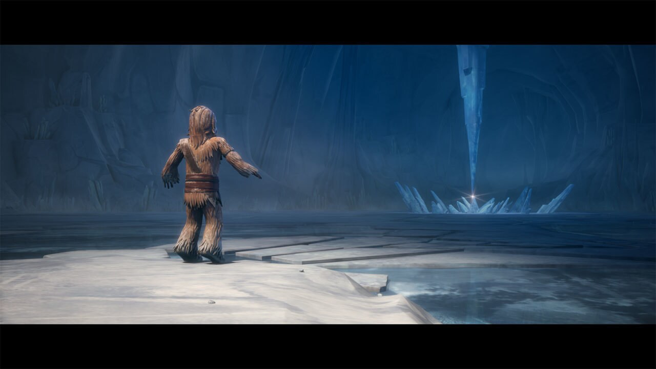In another cave, filled with a frozen lake, the Wookiee boy Gungi senses his crystal, but the ice...
