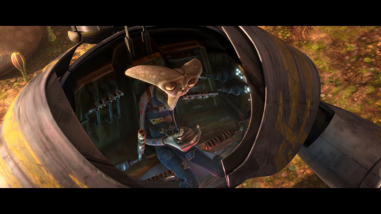 The well-armored Serapis clears some vegetation, but is suddenly pinned by a falling tree. Ahsoka...
