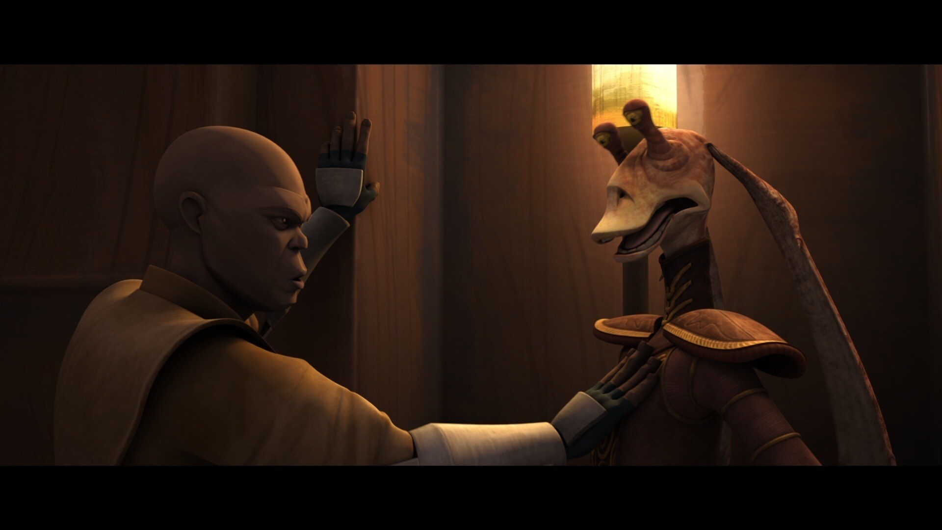 Julia orders the guards to take Mace away. Jar Jar promises to handle this, and escorts Mace out ...