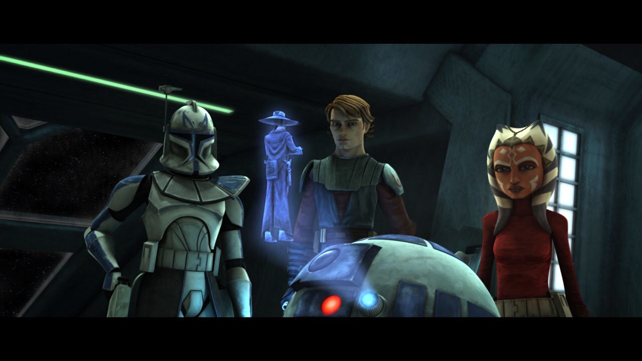 Anakin, Ahsoka, and clones storm onto the bridge. Artoo plugs into the computer system and locate...