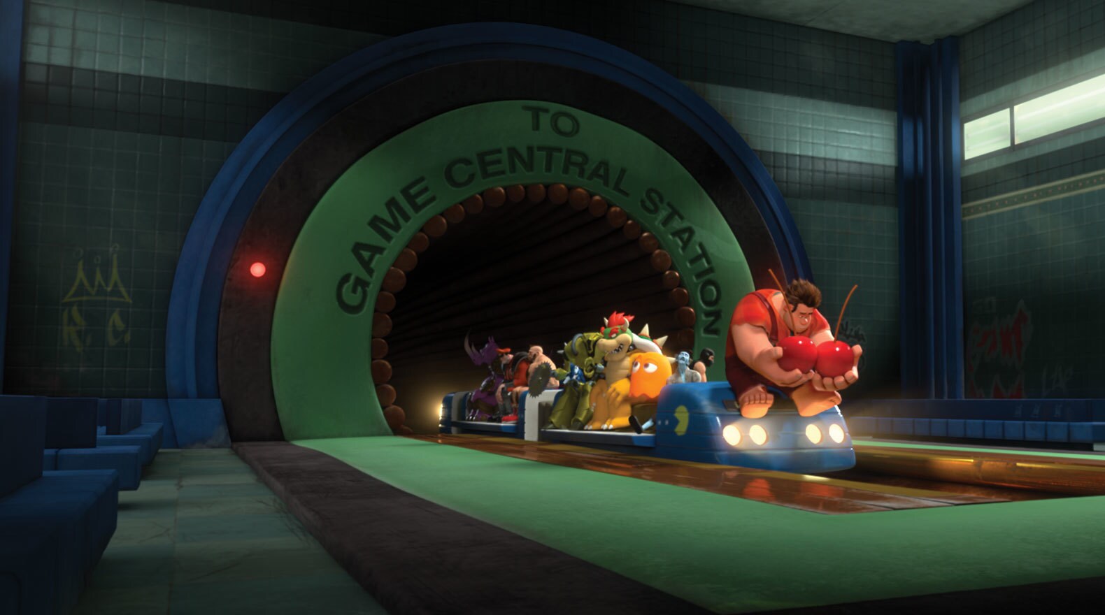 John C. Riley as Ralph, holding two red cherries, on a train at Game Central Station in "Wreck-It Ralph"