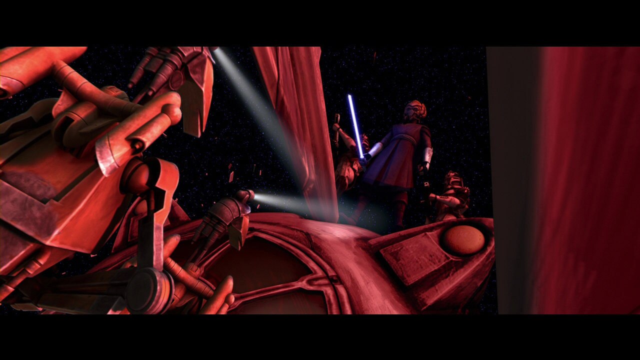 Plo Koon, able to withstand outer space unprotected for a short time, ventures outside the pod. T...