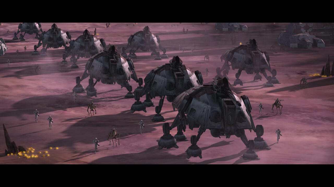 An enormous army of battle droids marches across the bleak landscape of Malastare towards the Imp...