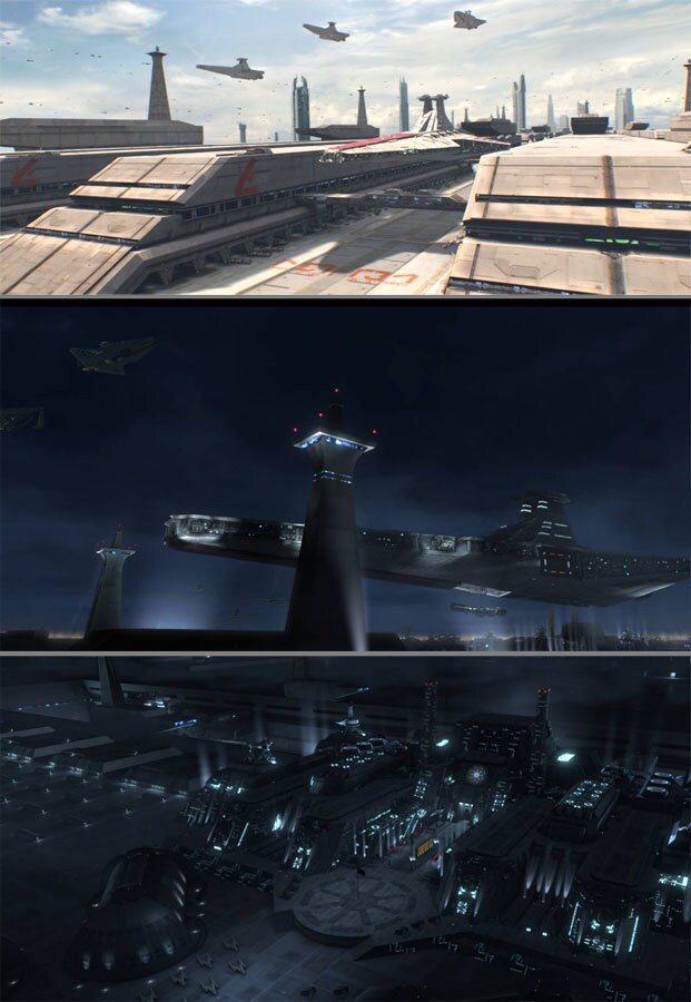 The Republic military base, newly seen and designed to clearly foreshadow the rise of the Galacti...