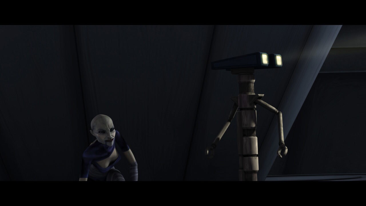 In the engine room, a simpleminded repair droid fails to spot the stealthy assassin Ventress. She...