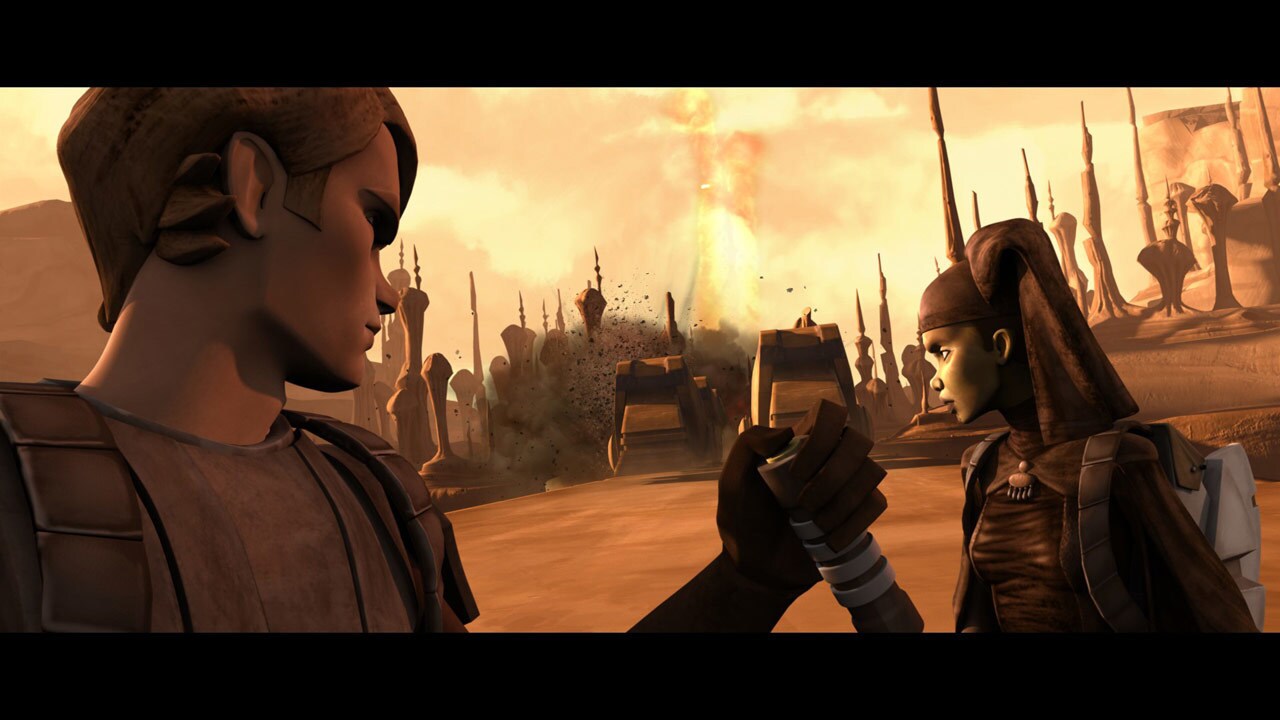 On the surface, the super tanks rumble over the stone bridge as Anakin and Luminara acrobatically...