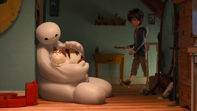 Baymax (voiced by Scott Adsit) petting cat and Hiro (voiced by Ryan Potter) in the movie "Big Hero 6"