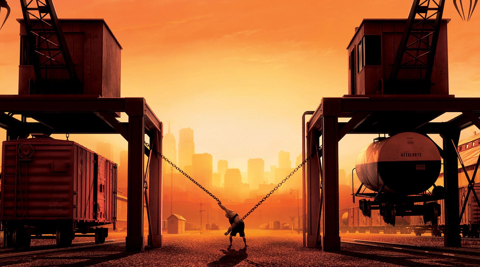 Mr. Incredible working out using freight trains in "The Incredibles"
