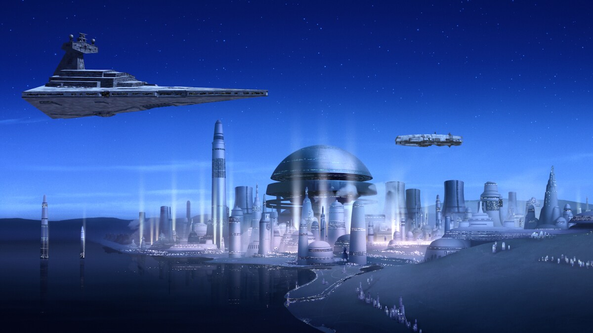 An Imperial Star Destroyer hovering above Lothal