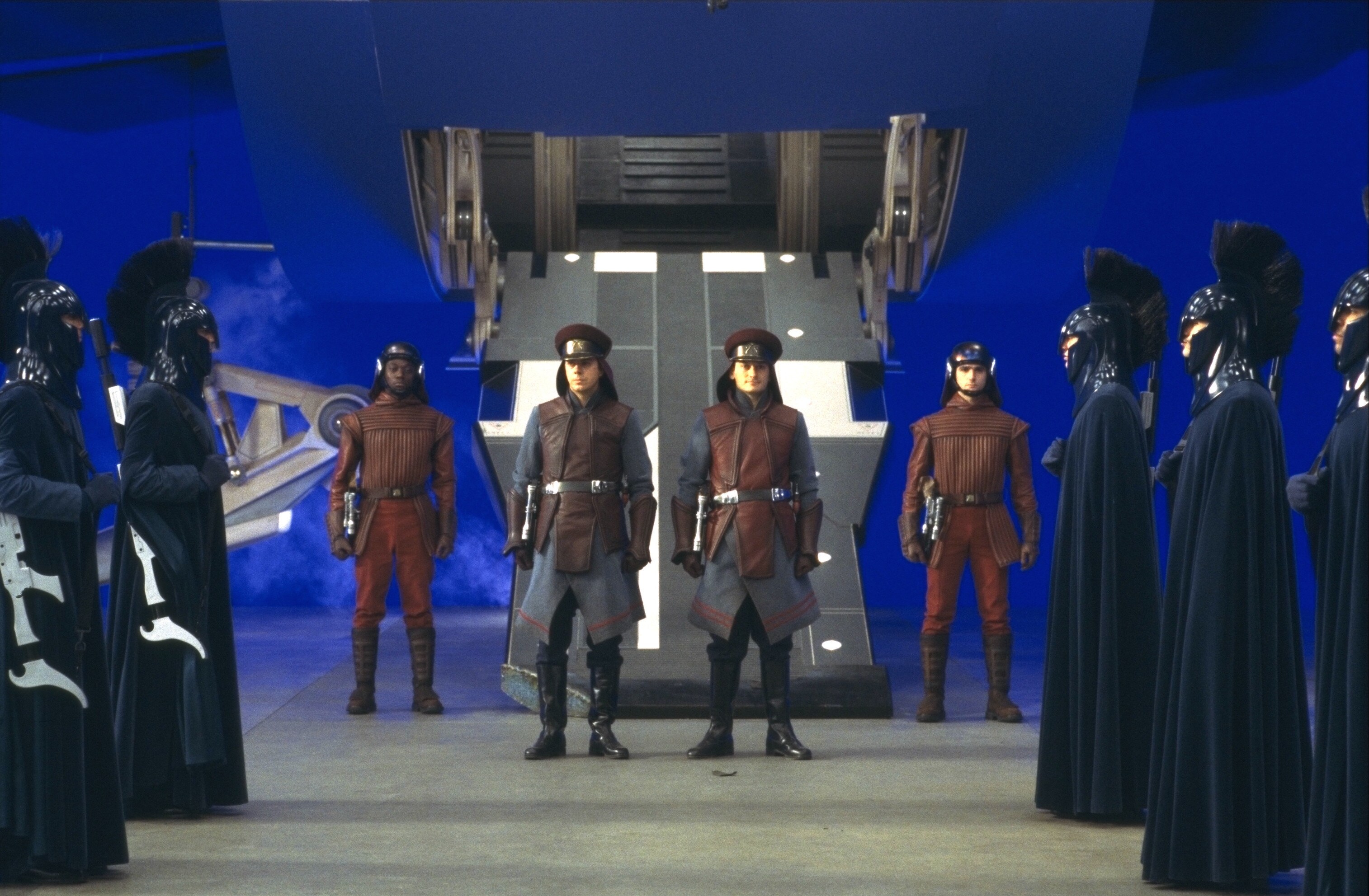 Security protects the entrance ramp to the Naboo Royal Starship. The ship and background, shot on...