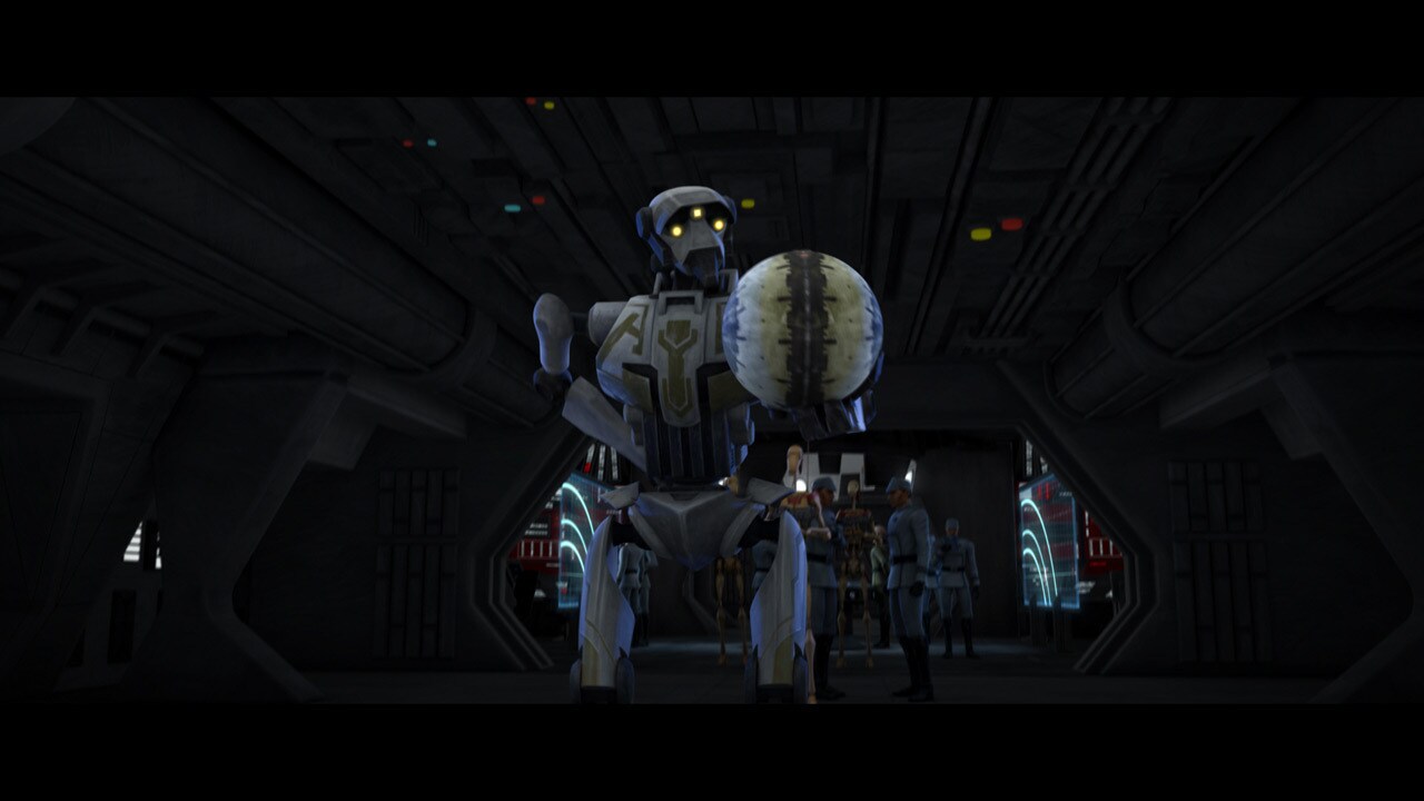 In the cruiser's bridge, the super tactical droid in command of this Separatist plot dispatches a...