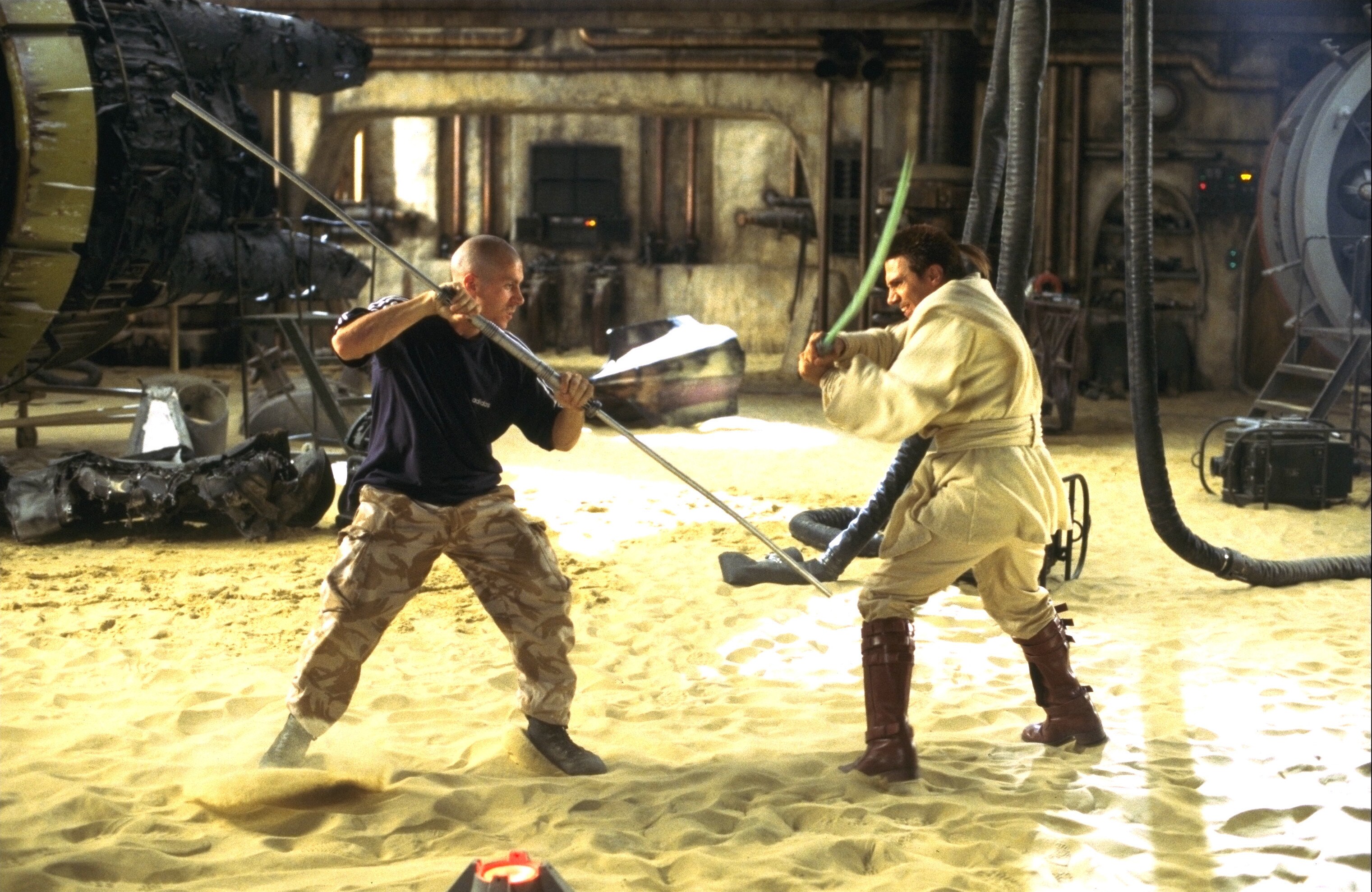 Ray Park (left) practices with assistant stunt coordinator Andreas Petrides.