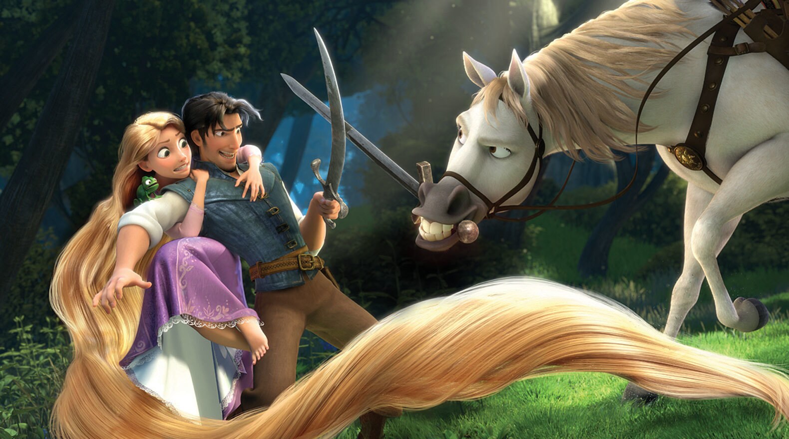 Pascal a chameleon sits on Rapunzel voiced by Mandy Moore as she holds on to Flynn Rider voiced by Zachary Levi as he sword fights with Maximus a Horse