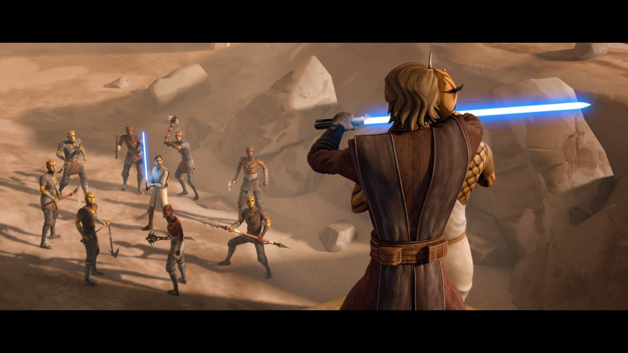Anakin and Obi-Wan arrive at the village of Dathomiri males. They leave their ship and are immedi...