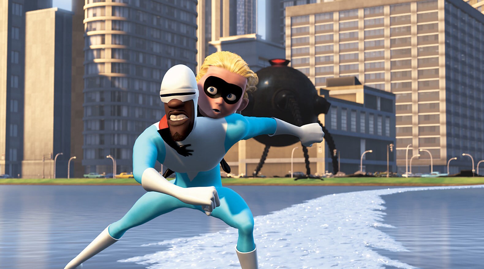Frozone gives Dash a lift while making it hard for the Omnidroid to follow in the "Incredibles"