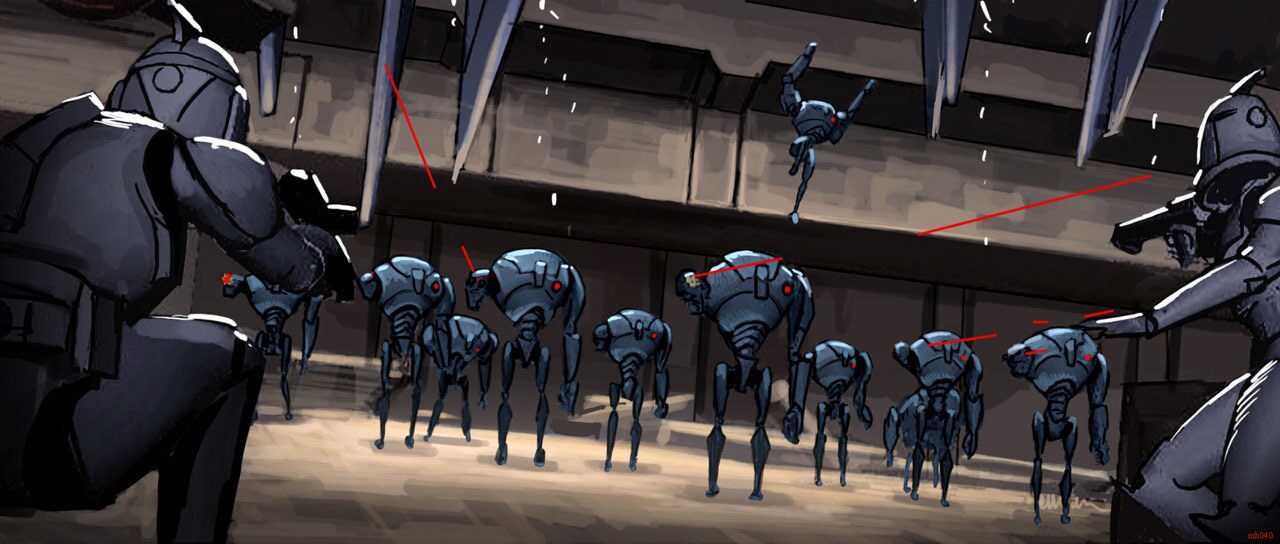 Concept art of super battle droids attacking clones
