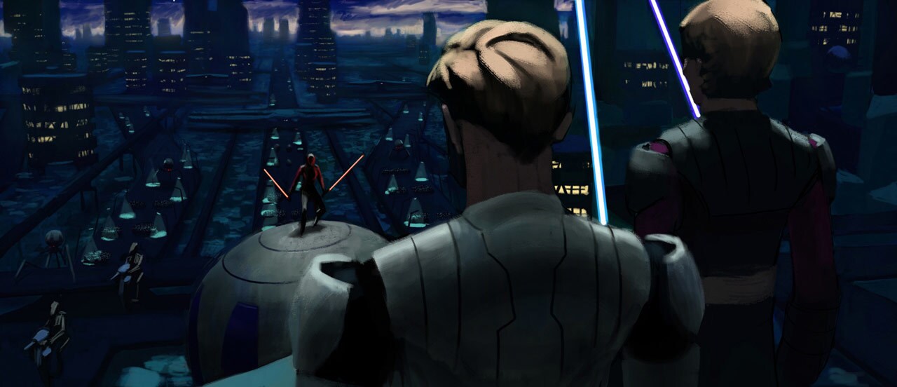 Concept art of Obi-Wan and Anakin confronting Asajj atop a tri-droid