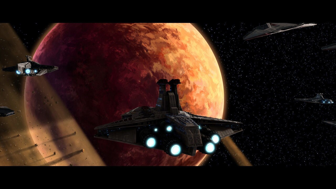 Republic cruisers and transports swarm the ringed red world of Geonosis. Aboard the lead vessel, ...