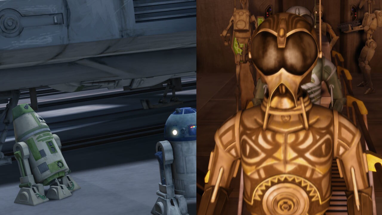 The astromech droid that R2-D2 bumps out of the way to get to the Y-wing fighter is named R5-L26....