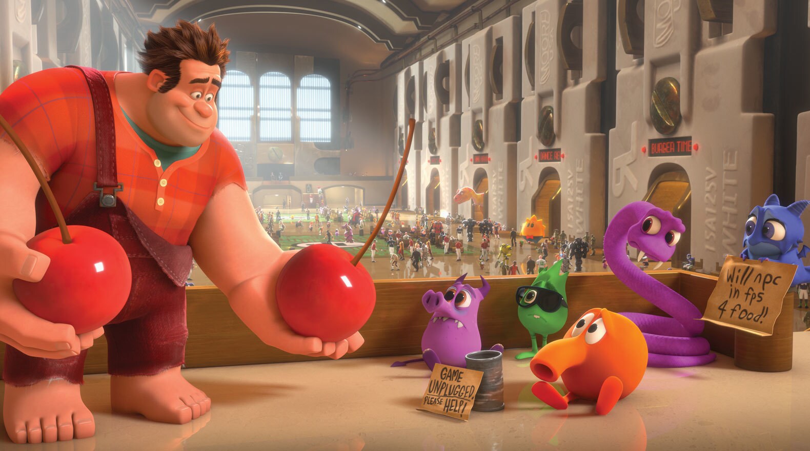 Ralph played by John C. Riley offering a cherry to some displaced game characters in Game Central Station in "Wreck-It Ralph"