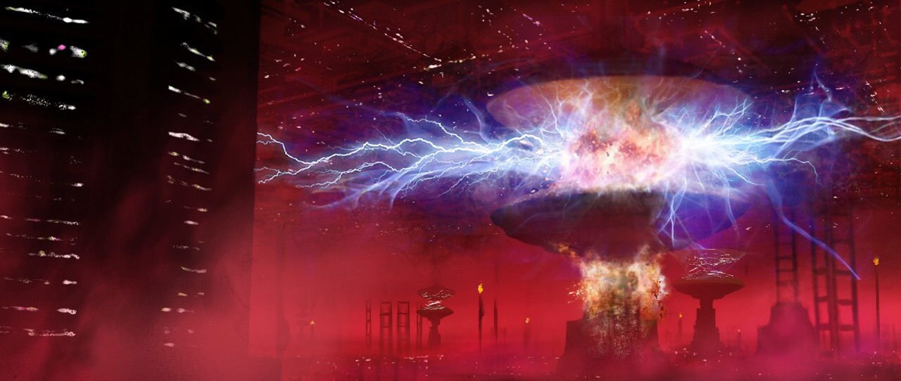 Concept art of the Coruscant power generator explosion