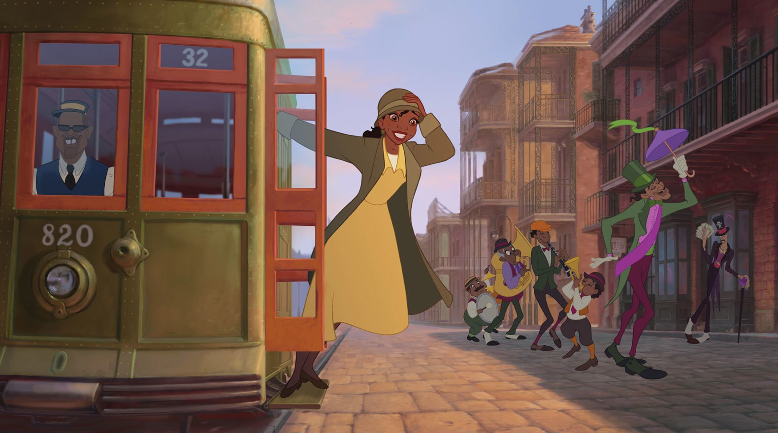 Tiana riding on the side of a trolley