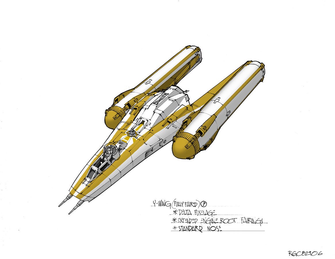 Colored concept illustration of fully faired Y-wing fighter